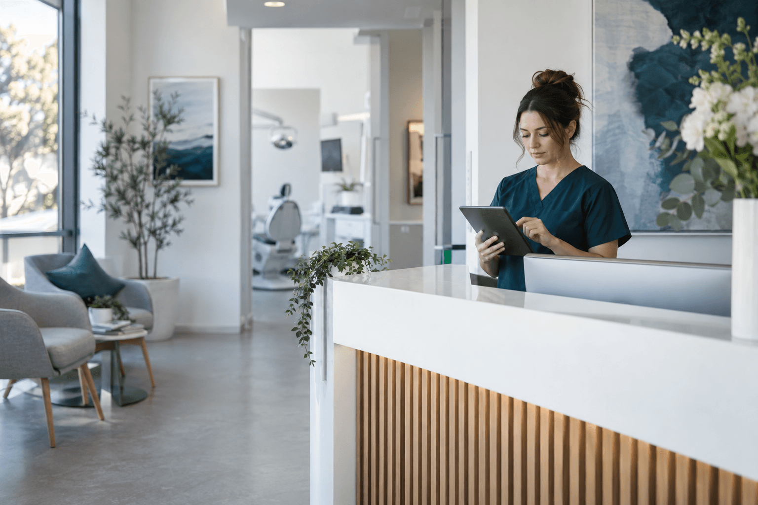 A dental receptionist checking a tablet at the front desk