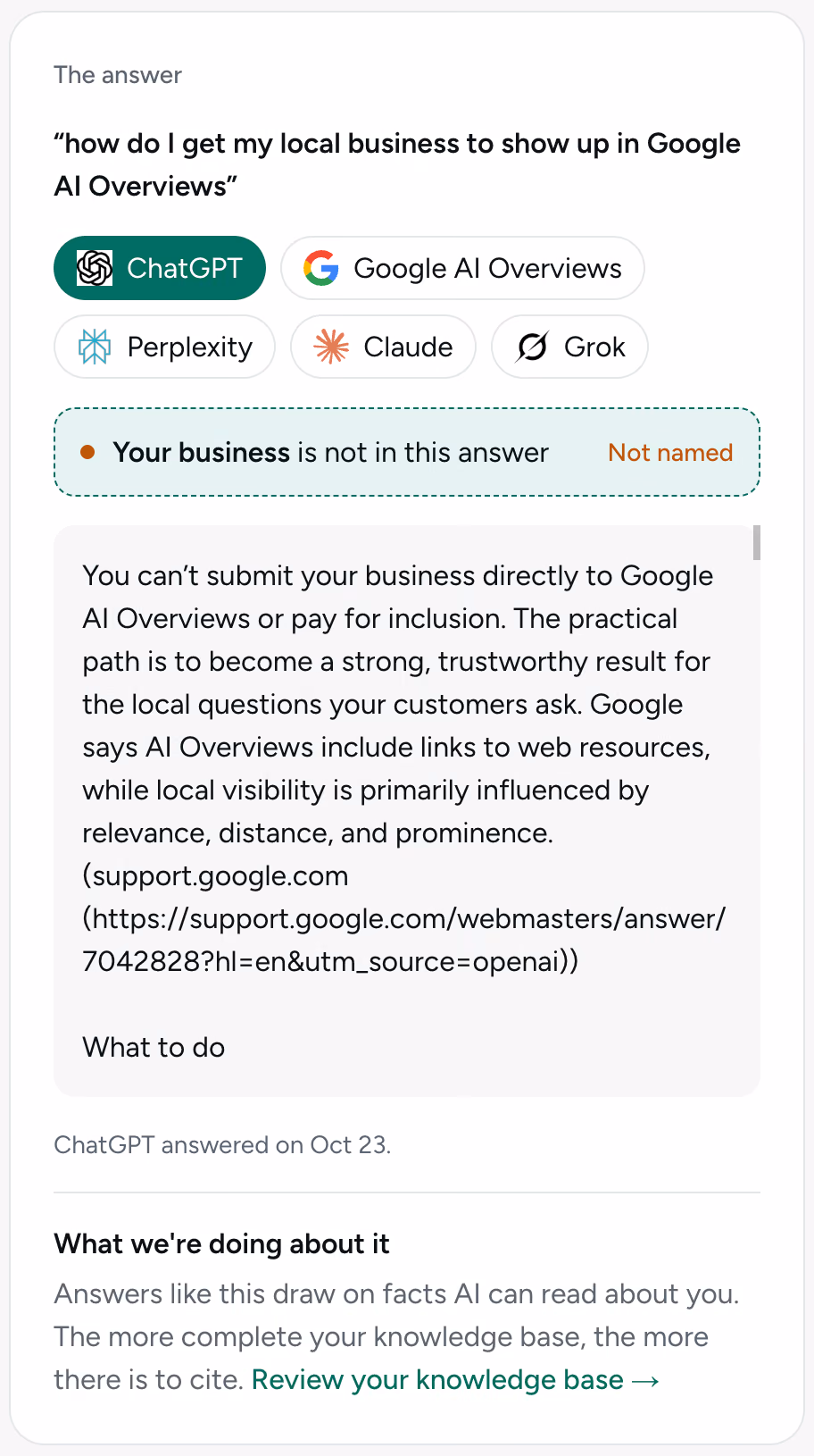 arosis AI checks: one AI answer to a customer question, whether the business is named, and what arosis does about it, demo account
