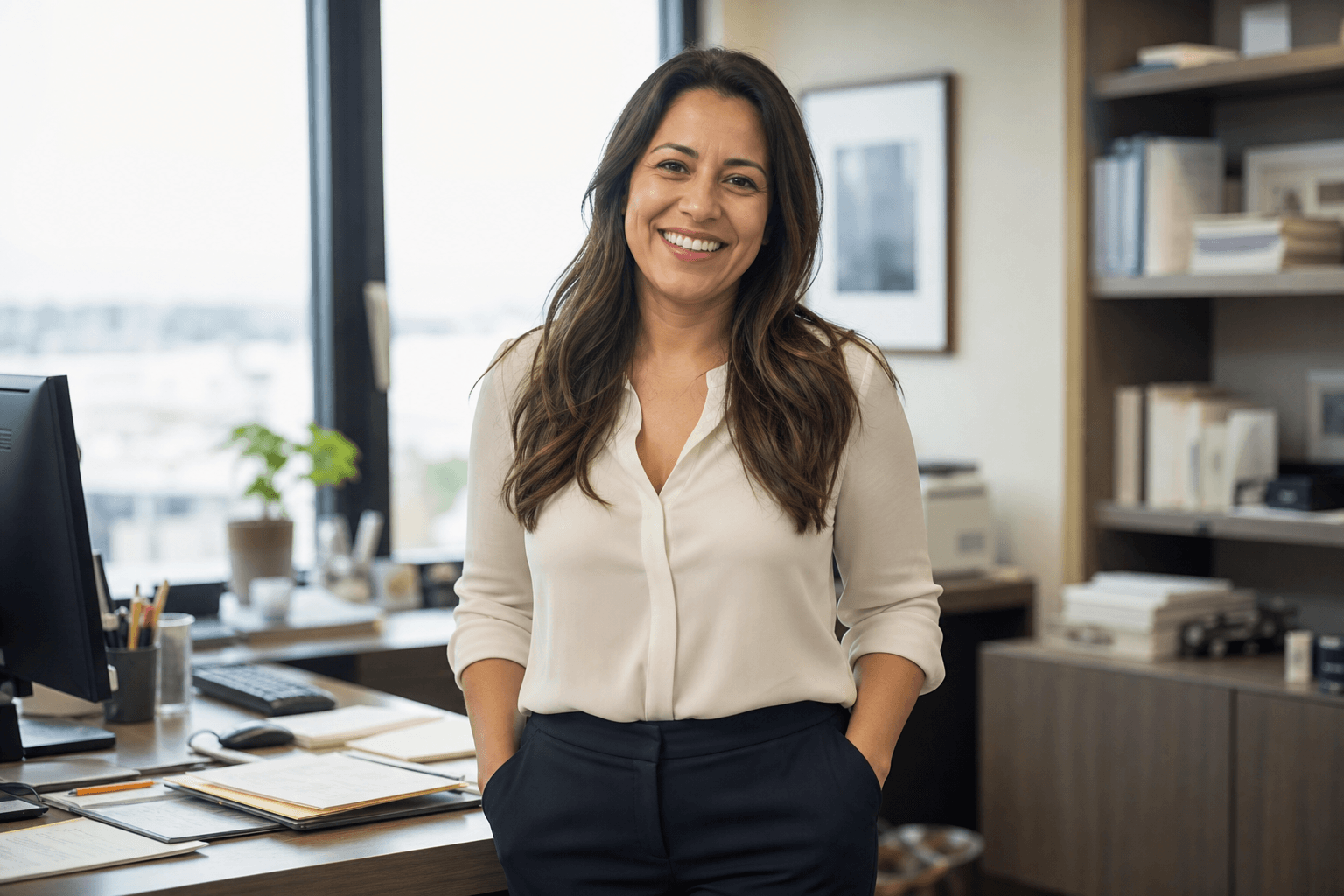 A professional-services business owner standing in her office