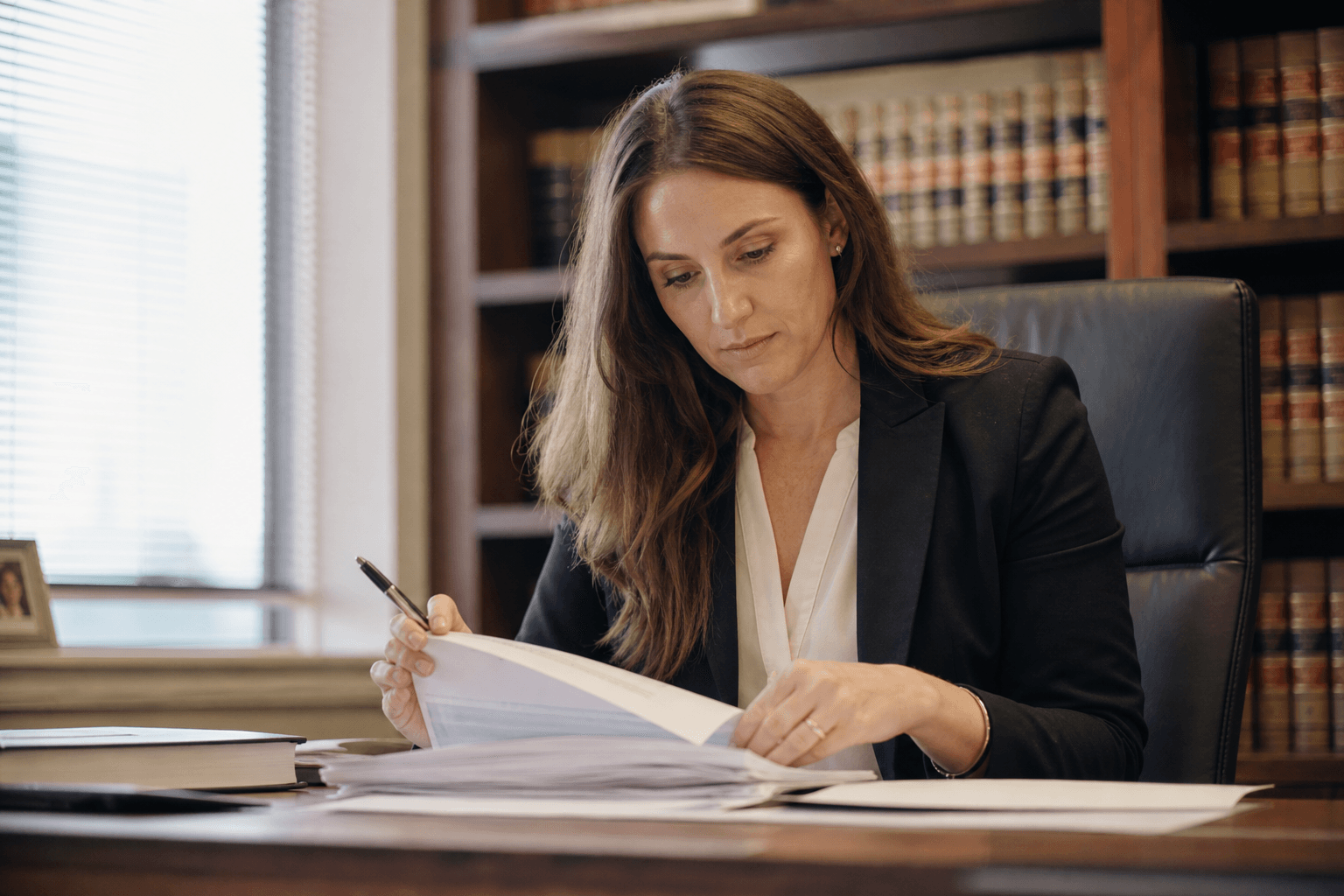 A lawyer reviewing documents at her office desk