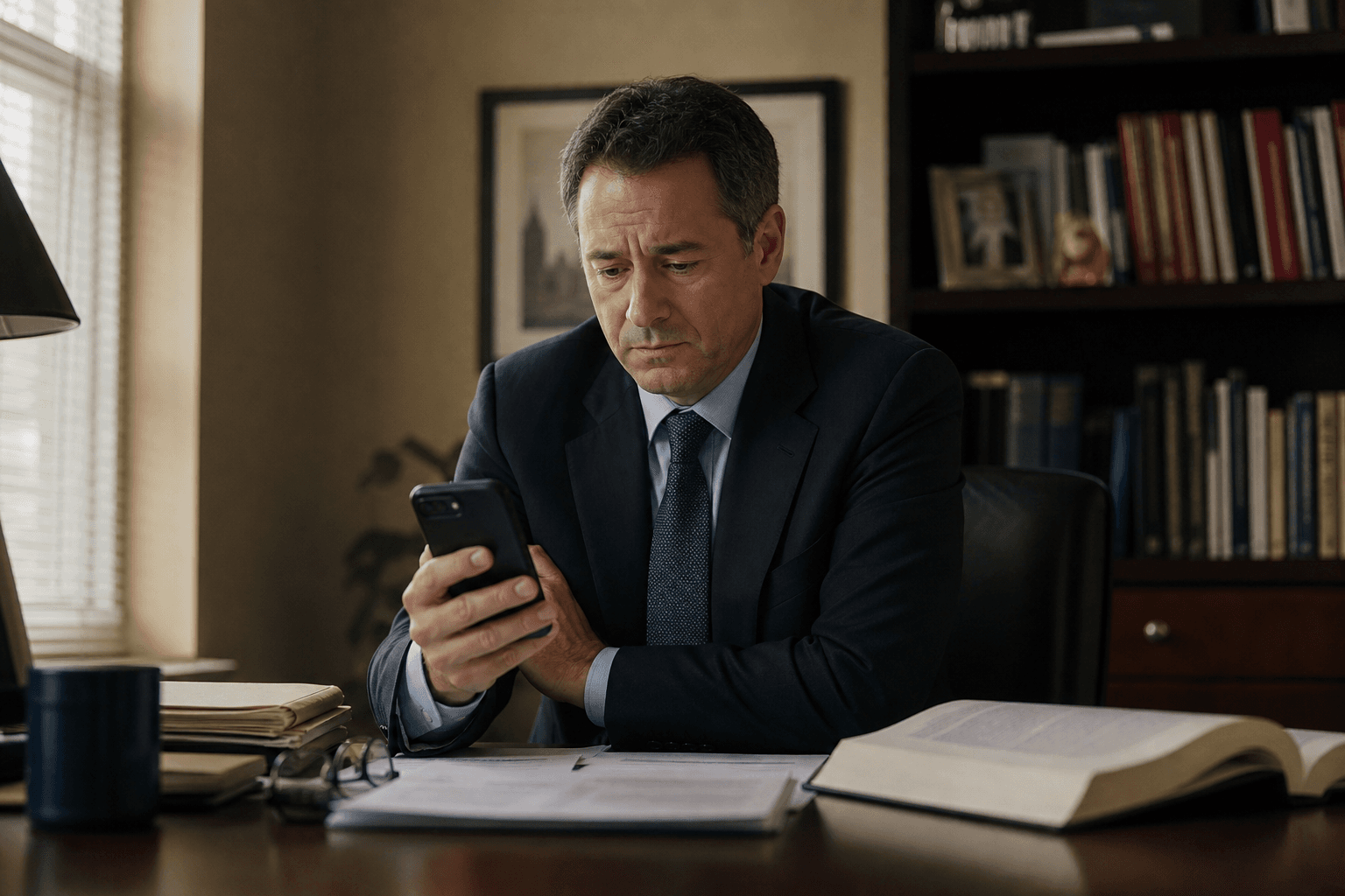 A lawyer checking his phone at his office desk