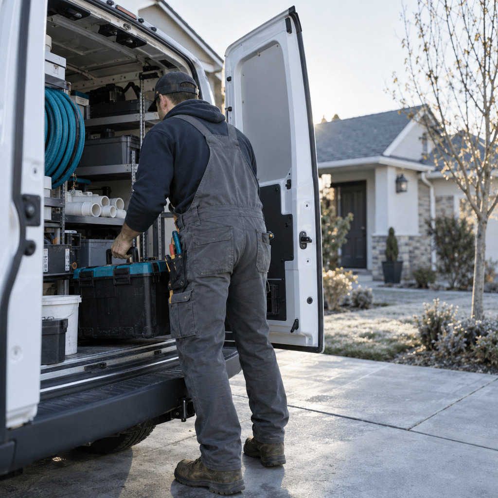 A plumber loading tools into a van outside a house
