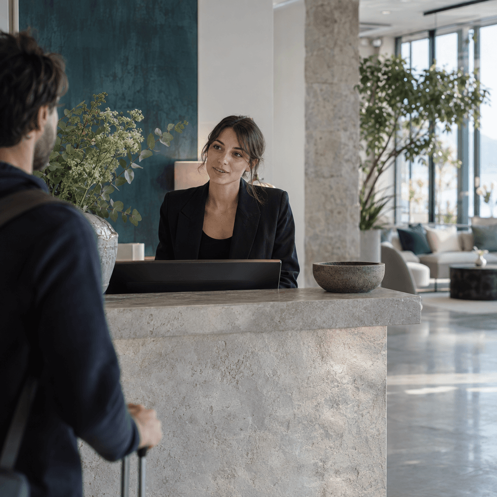A hotel receptionist greeting a guest with a suitcase at the front desk