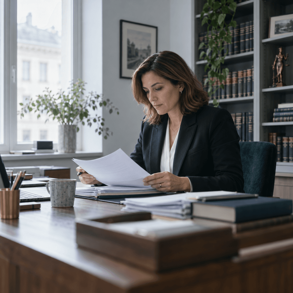 A lawyer reading documents at a desk in a book-lined office