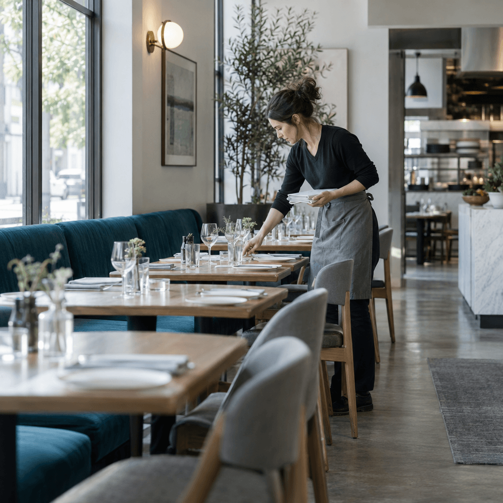 A server setting tables in a restaurant before opening